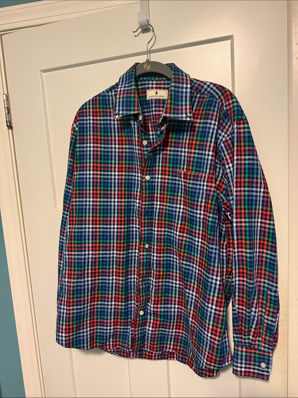 Men’s Long-Sleeve Plaid Button-Down Shirt - Blue, Green & Red